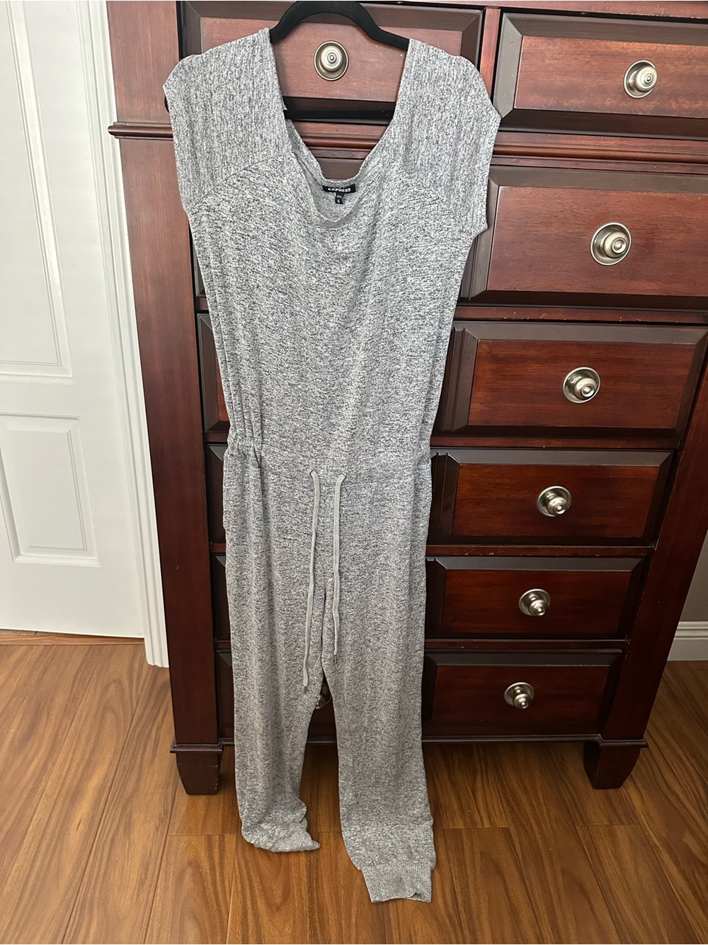 Express Sz Medium Gray Knit Jumpsuit with Drawstring Waist